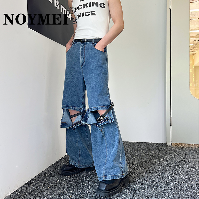 Mens Jeans NOYMEI Korean Personalized Industrial Style Patchwork Allmatch Washed Belt Fashion Hole Spring Straight Pant WA1237 230809