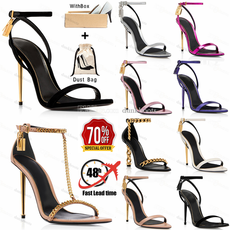 Sandales à talons hauts pour femmes, sandales de fête de styliste, cadenas pointu, matériel nu, serrure et clé, métal Stiletto, mariage