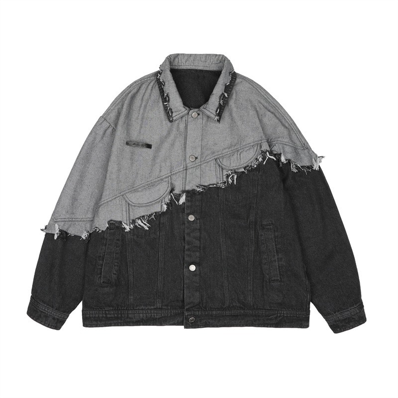 Mens Jackets Color Contrast Spliced Tassel Denim Jacket Men Vintage Oversize Loose Patchwork Jeans Coat for Man 230809