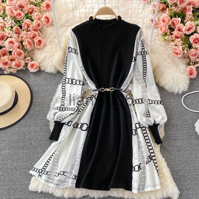 Basic Casual Dresses Autumn New Fashion Knitted Patchwork Short Dresses Women Vintage Print Long Sleeve Half Turtleneck Sweater Dress L260527-image-893115546