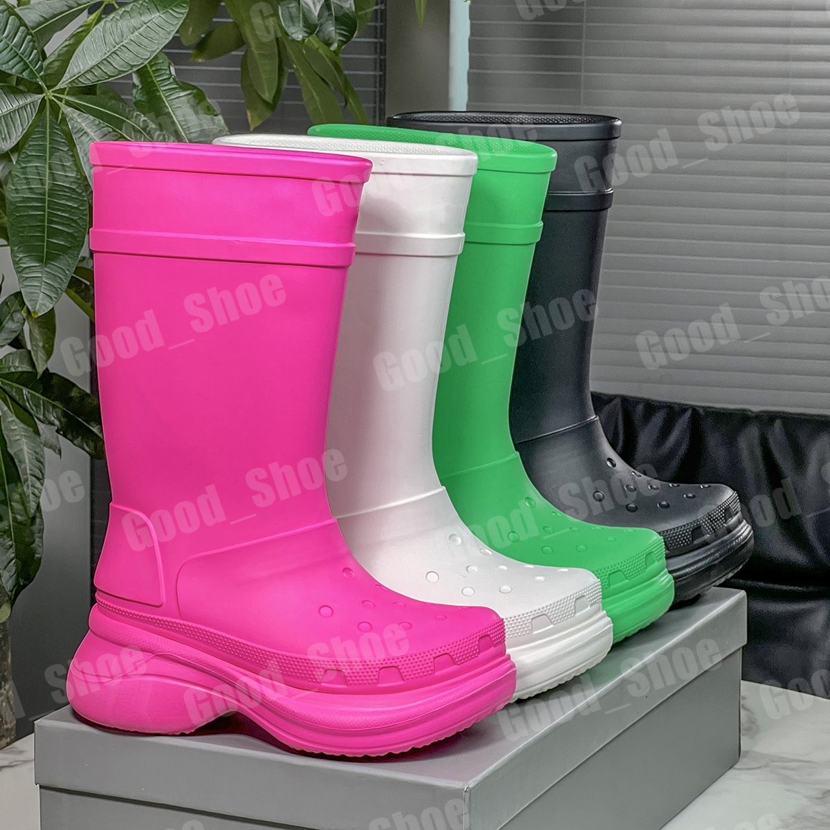 2023 Women Designer Knee Boots Rain Rubber Winter Luxury red bottoms red boots Rainboots Platform Pink Black Green Outdoor cross size 35-44