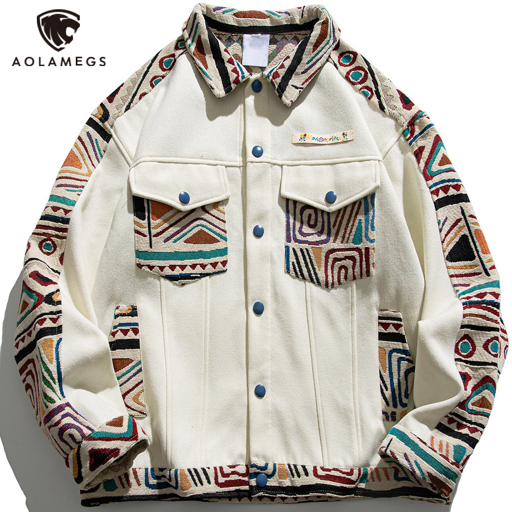 Mens Jackets Aolamegs Folkcustom Retro Patchwork Jacket Men Baggy Turndown Collar Coat Unisex Loose Casual Harajuku Outwear Male Streetwear 230809