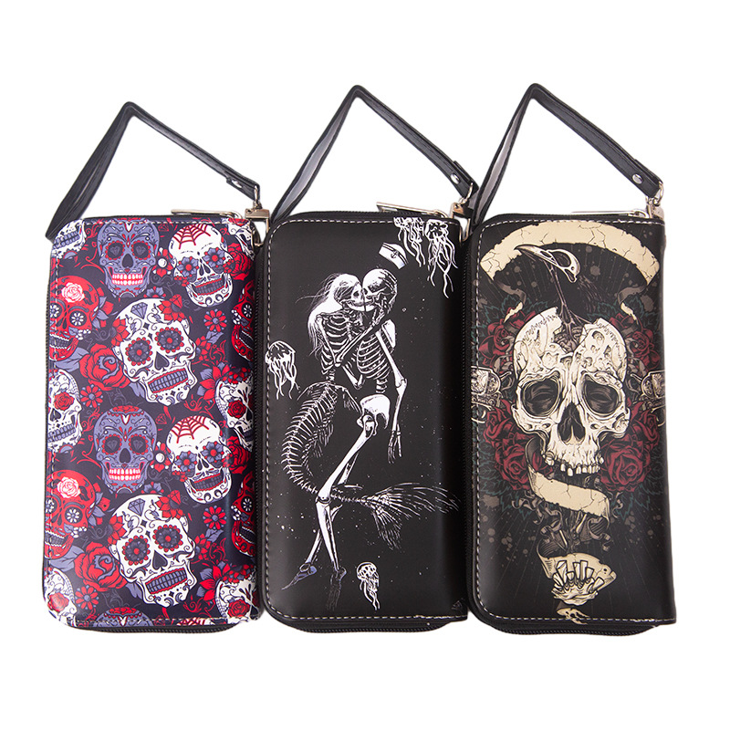 Belidome Skeleton Skull Black Wallet for Women Blocking PU Leather Zipper Around Wallets Clutch Wristlet Travel Long Purse