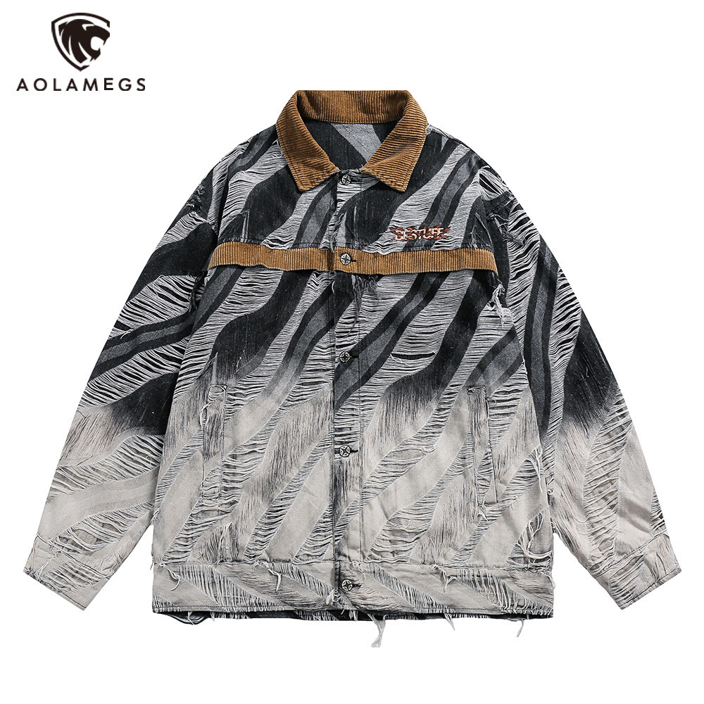 Mens Jackets Hip Hop Jean Jacket Splicing Hole Ripped Graphic Coats Casual Single Breasted Gradient Coat High Street Streetwear 230809