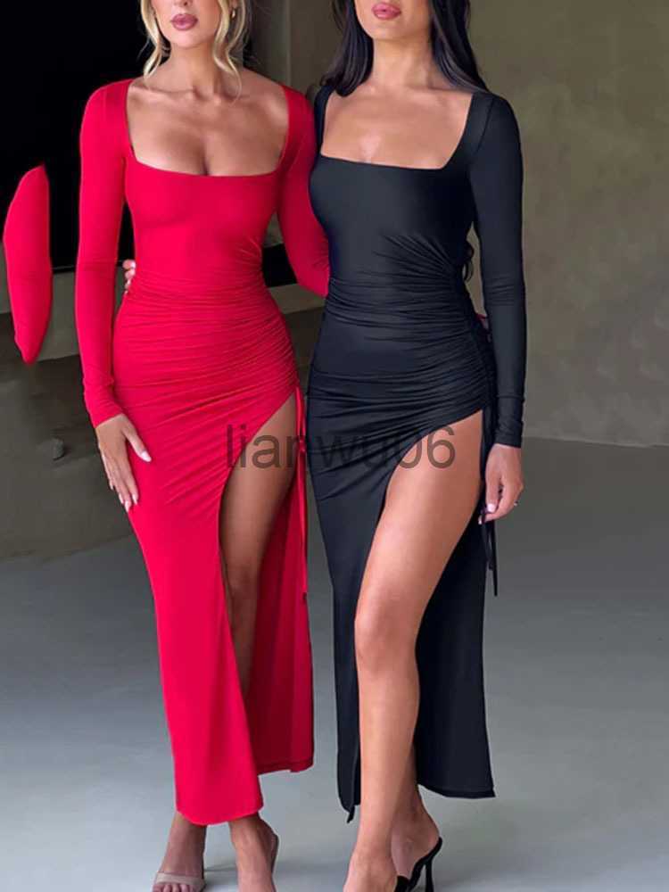 Basic Casual Dresses Articat Sexy Bodycon High Split Drawstring Dress Women Long Sleeve Tight Evening Dress Party Female Elegant Maxi Dress Autum-image-893121954