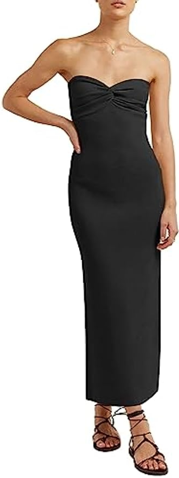 Women&#039;s 2023 Summer Knitted Dresses Fashion Twisted Front Strapless Midi Bodycon Dress with Back Slit-image-893488959