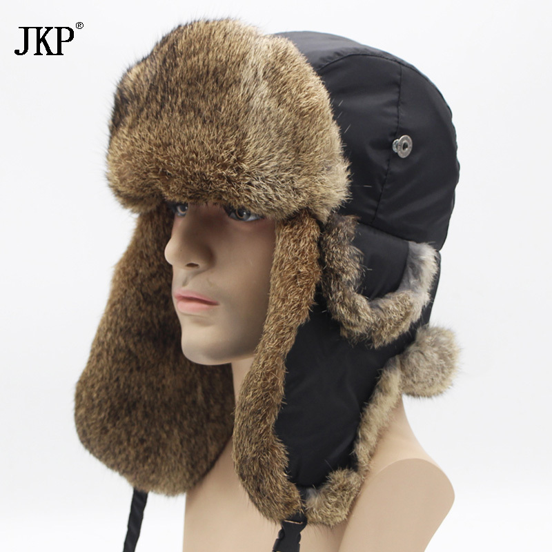 Beanie/Skull Caps Bomber Trapper Hats Thick Winter Warm Rabbit Fur Hat Rex Snow Caps Ear Flap Caps ushanka Russian For Men AA