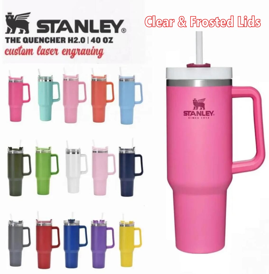 US STOCK 40 oz rose vif Stanley Logo gobelets en acier inoxydable tasses tasses poignée couvercle pailles grande capacité bière bouteilles d'eau
