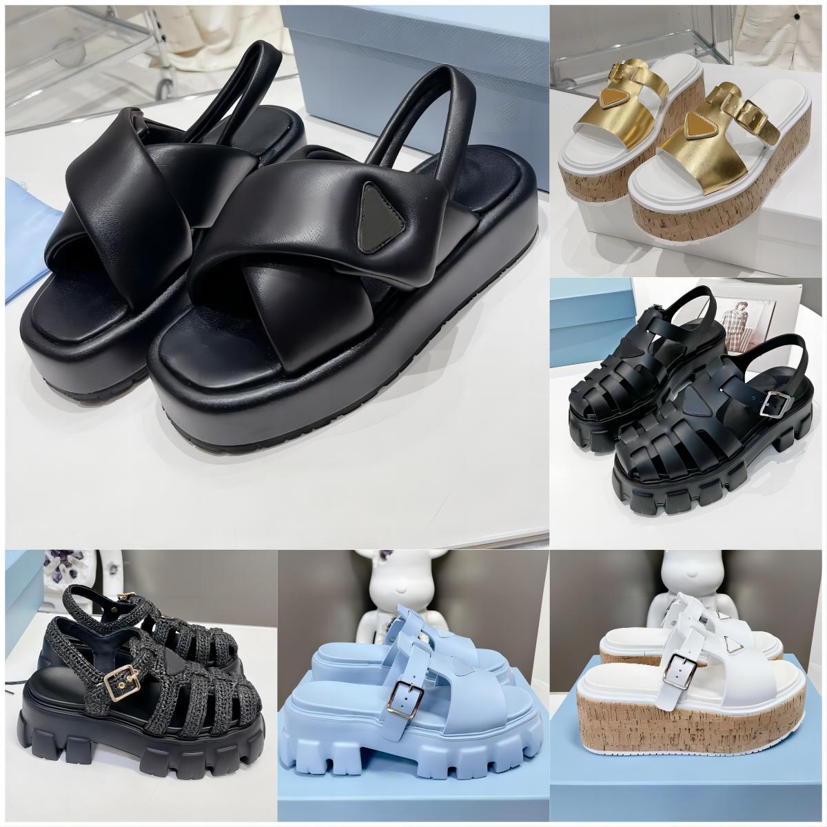 Foam Rubber Sandals Designer Women Triangle Monolith Slipper Platform Flats Wedge Nappa Leather Soft Straw Flip Flop Summer Beach Shos 
