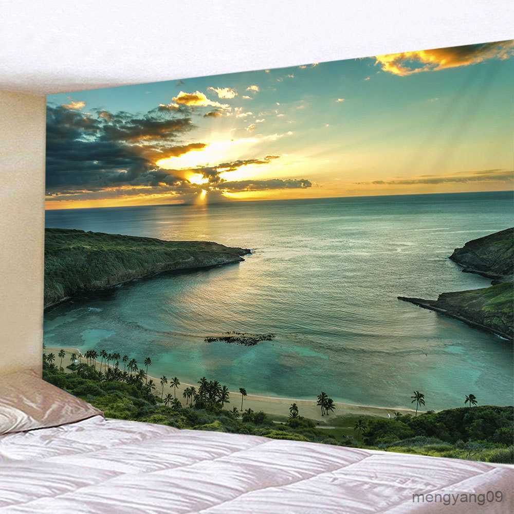 Tapestries Nature Sunset Forest Tapestry Scenic Green Pine Tree Beach Landscape Wall Hanging Home Bedroom Room Indoor Outdoor Decoration L260524-image-893536706