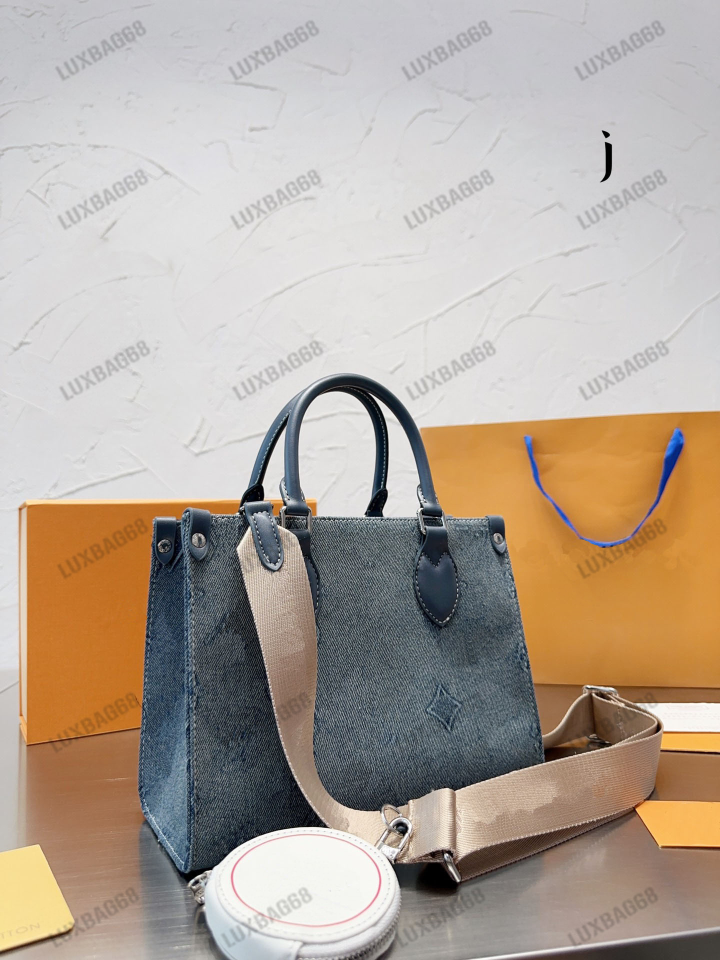 Onthego PM Tote Sac lavé Denim Autres Toiles Monogrammes Vintage Femmes Sac à main sur le go Mini Mandbag avec un sac à main Jacquard Sangle Jacq