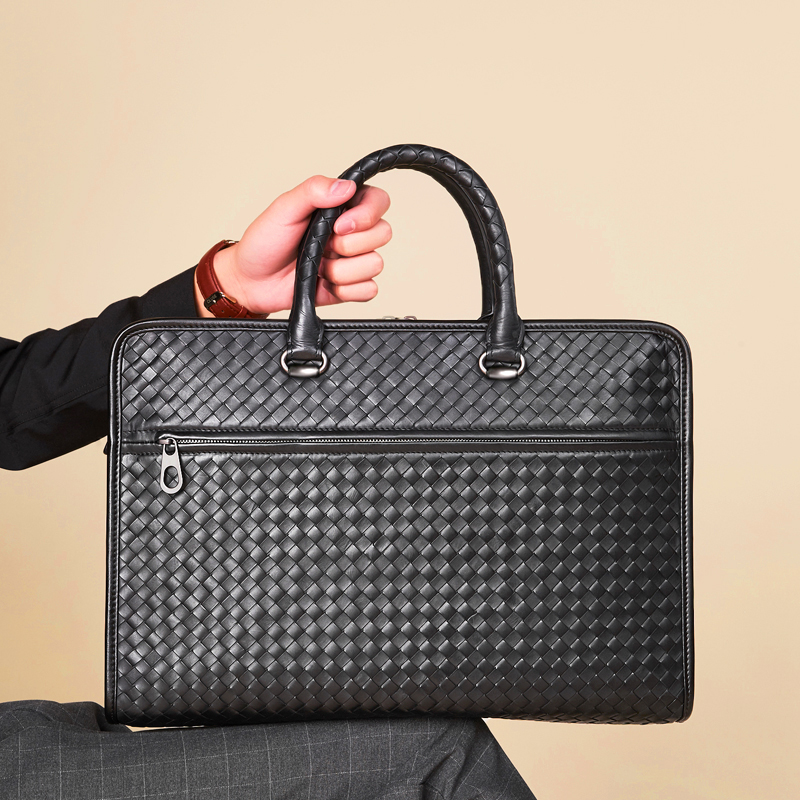 Designer Men's Briefcase Luxury Brand Top Genuine Leather Portable File Bag A4 Magazine Fashion Laptop Bag High-End Famous Brand Hand-Woven-image-893926748