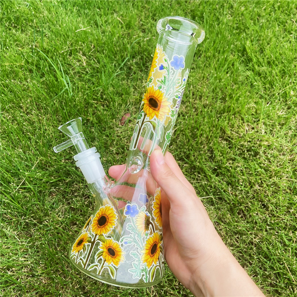Glow in the dark 10 Inch Sunflower Glass Bong Smoking Water Pipe Beaker Hookah Filter Pipes Bubbler with Downstem & 14mm Male Tobacco Bowl-image-893893749