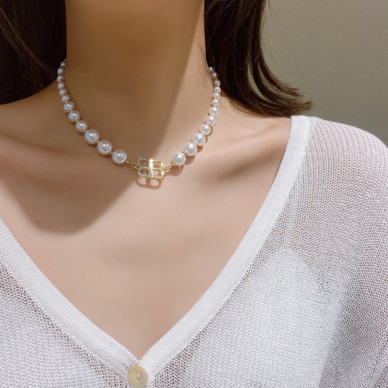 New Glass Pearl String Double Letter BB Choker Necklace Jewelry for Gift-image-967507384