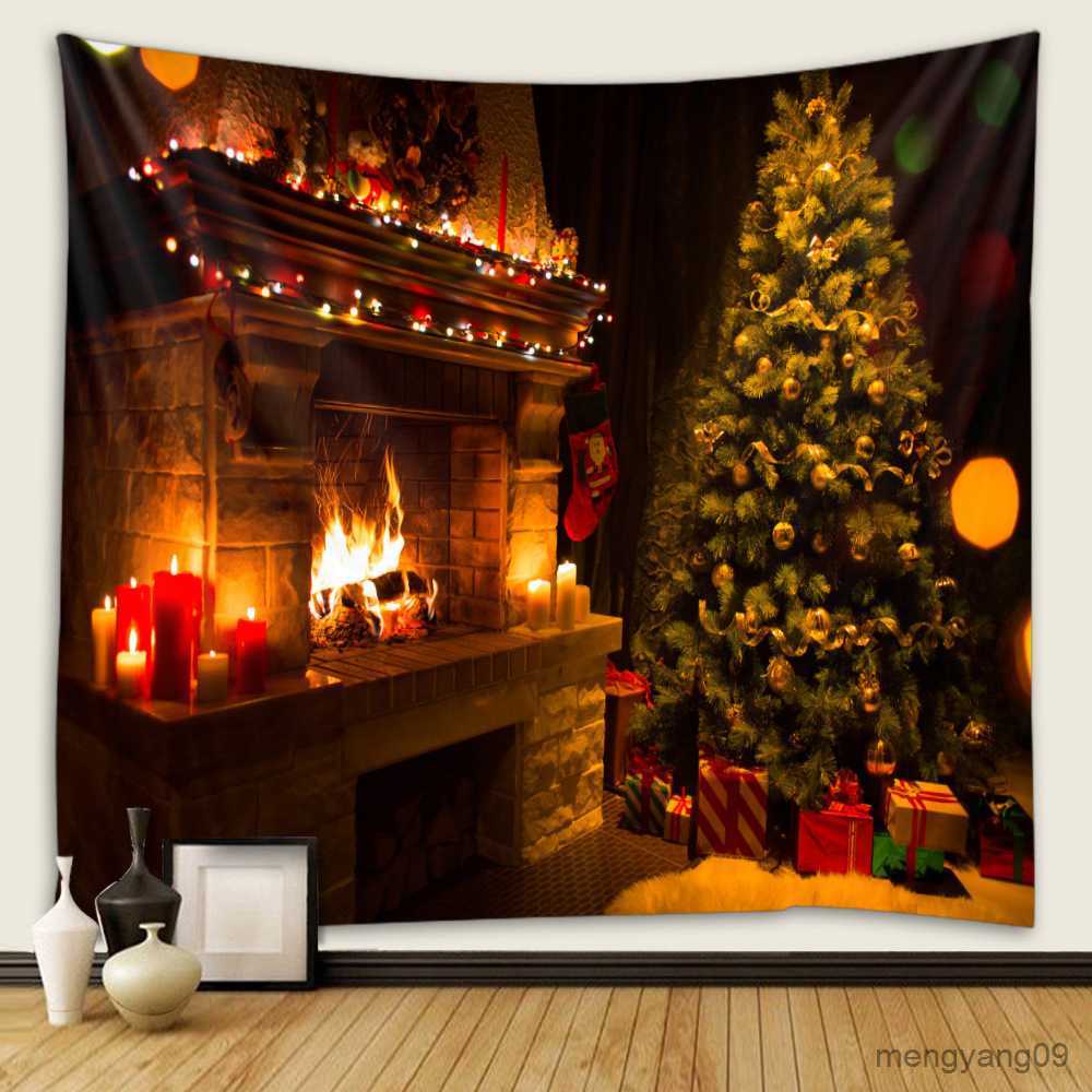 Tapestries Christmas tree fireplace printed pattern tapestry home living room bedroom room wall decoration background cloth tapestry L260524-image-894137338