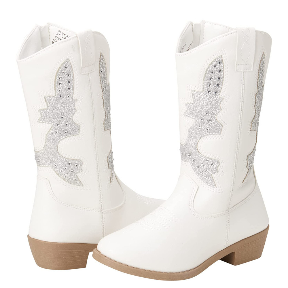 Unishuni Girls Child White Kids Heeled High Leather Cowboy Boots for Girl Western Glitter Boot 230811