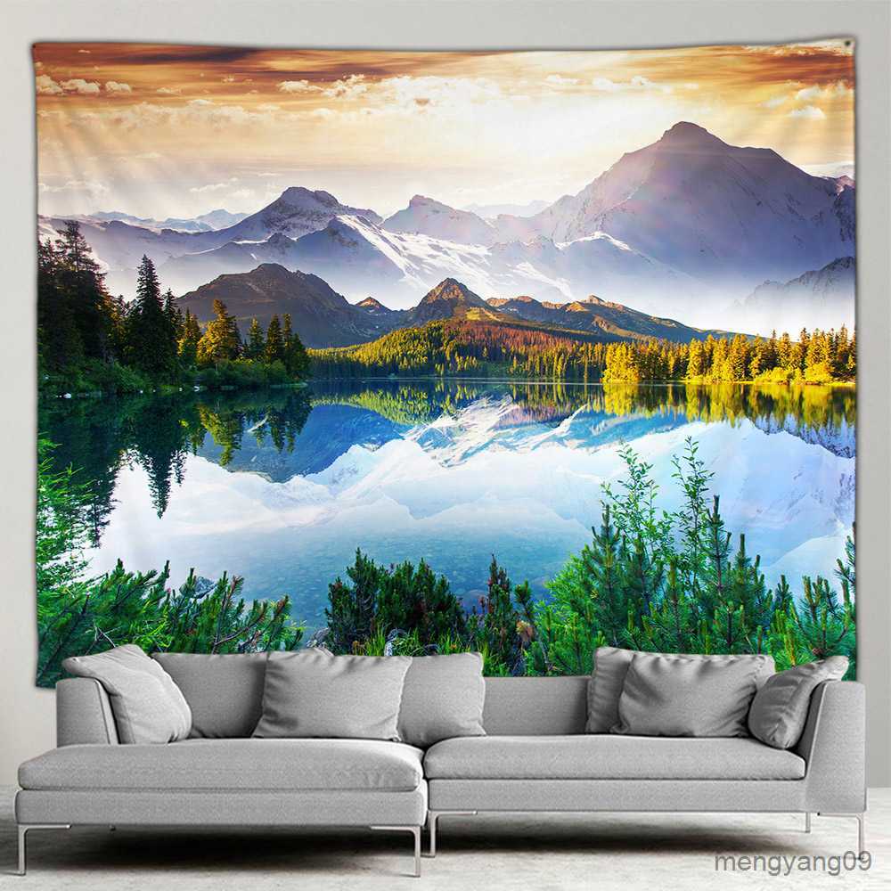 Tapestries Wall Tapestry Nature Forest Waterfall Landscape Outdoor Garden Poster Tropical Greenery Wall Hanging Rustic Home Decor Art Mural L2605-image-894504556