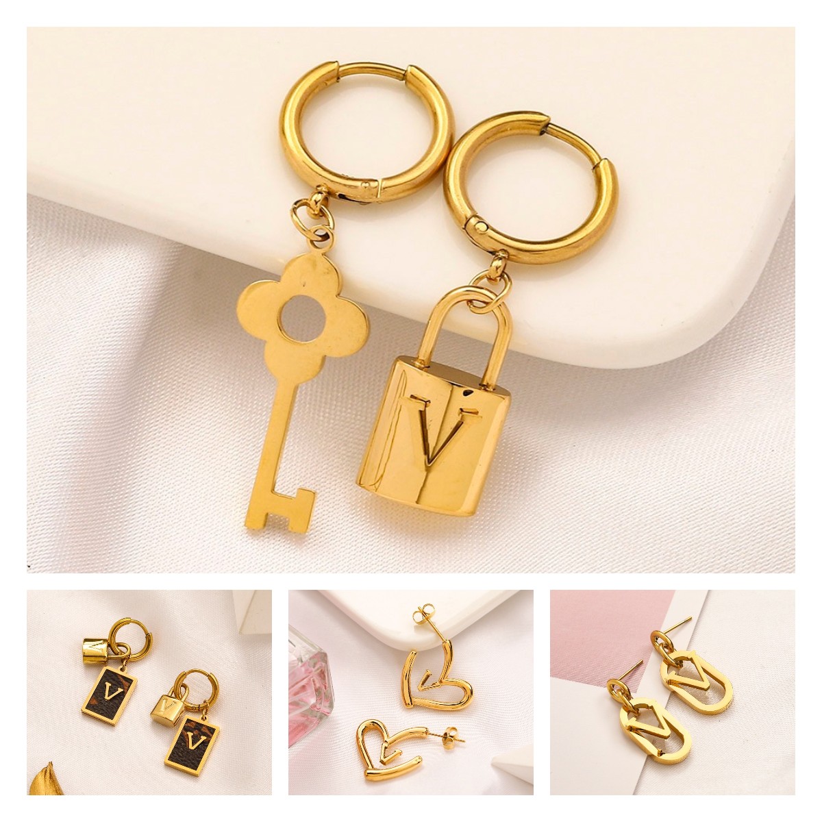 Charmes boucles d'oreilles Designer Lock Key Asymétric Ear Stud Luxury Huggie Brand Femmes Gold Plaque d'oreille Bijoux de mariage Bijoux Accesso