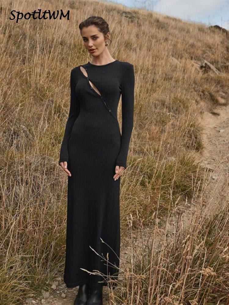 Basic Casual Dresses Black Full Sleeve Oneck Irregular Long Women Slim Fit Chest Button Decor Maxi Dress Female Fashion streetwear 230812