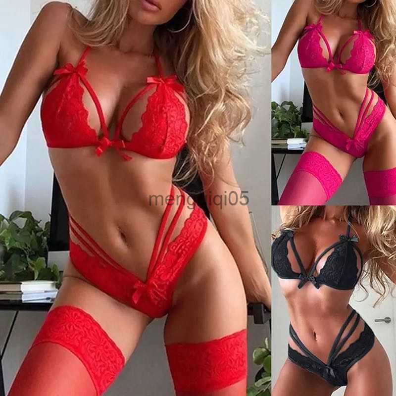 Sexy Set Women's Erotic Exotic Lingerie 3Pcs Transparent Bowknot Bra Panty Stockings Babydoll HKD230814-image-894858950