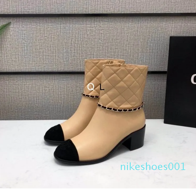 2023 woman fashion boots chunky heel shoes lambskin high cut sneaker nude with chain-image-894492520