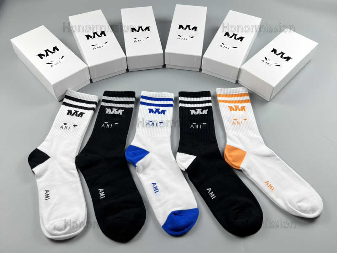 Designer Luxury amirs Socks Fashion Mens And Womens Casual Cotton Breathable 5 Pairs Sock With Box 08141-image-894412536