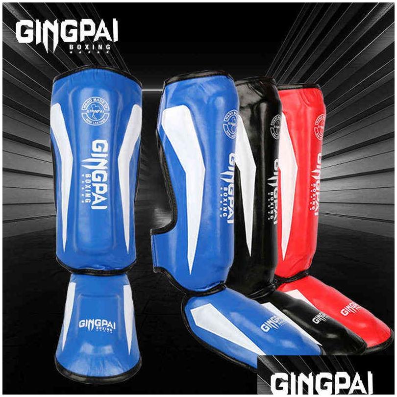 thicker boxing shin guards pu leather protection leggings equipment martial arts muay thai leg taekwondo feet ankle protectors 211222