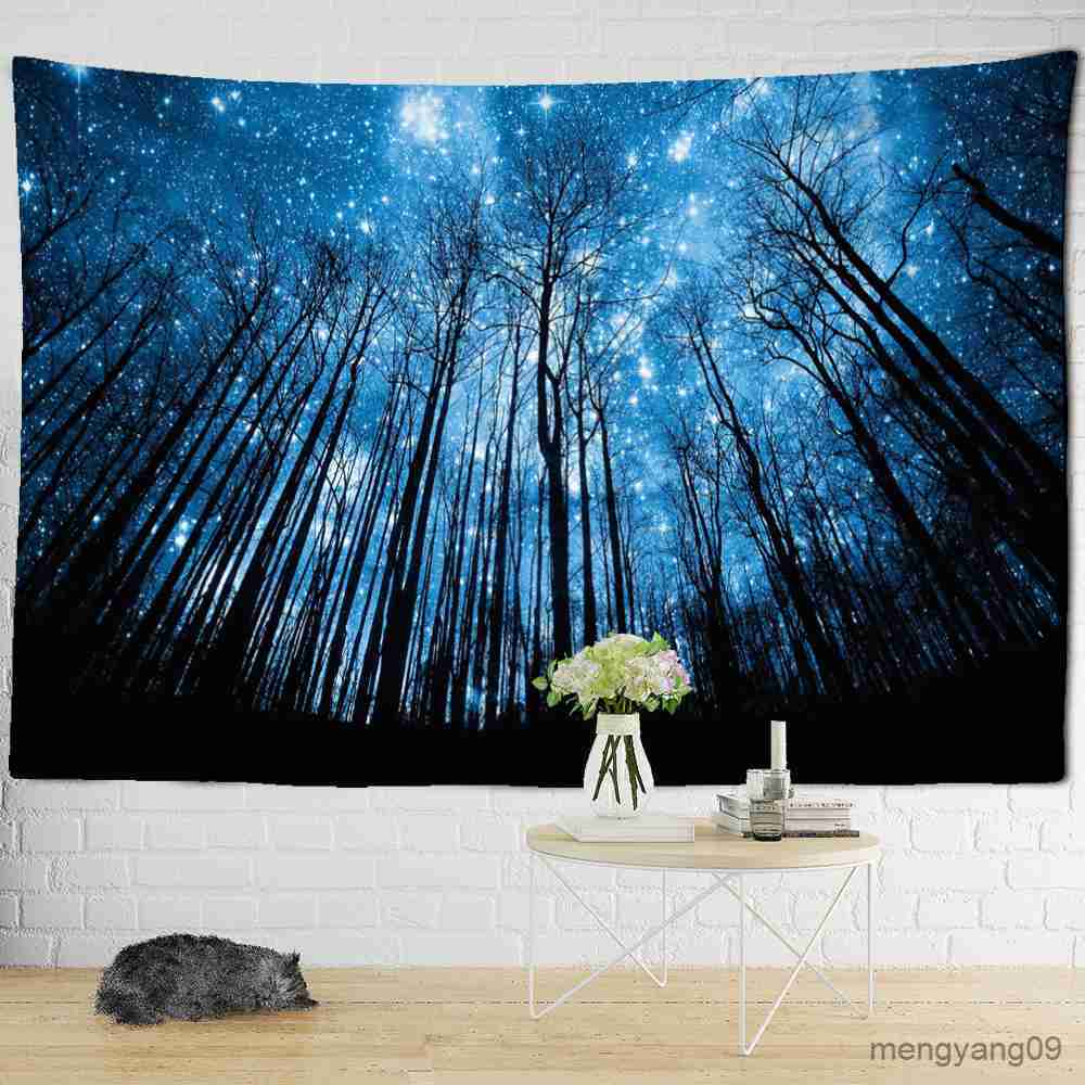 Tapestries Dark Blue Starry Sky Forest Tapestry Wall Hanging Mysterious Hippie Night View Aesthetic Room Room Decor L260524-image-894888547
