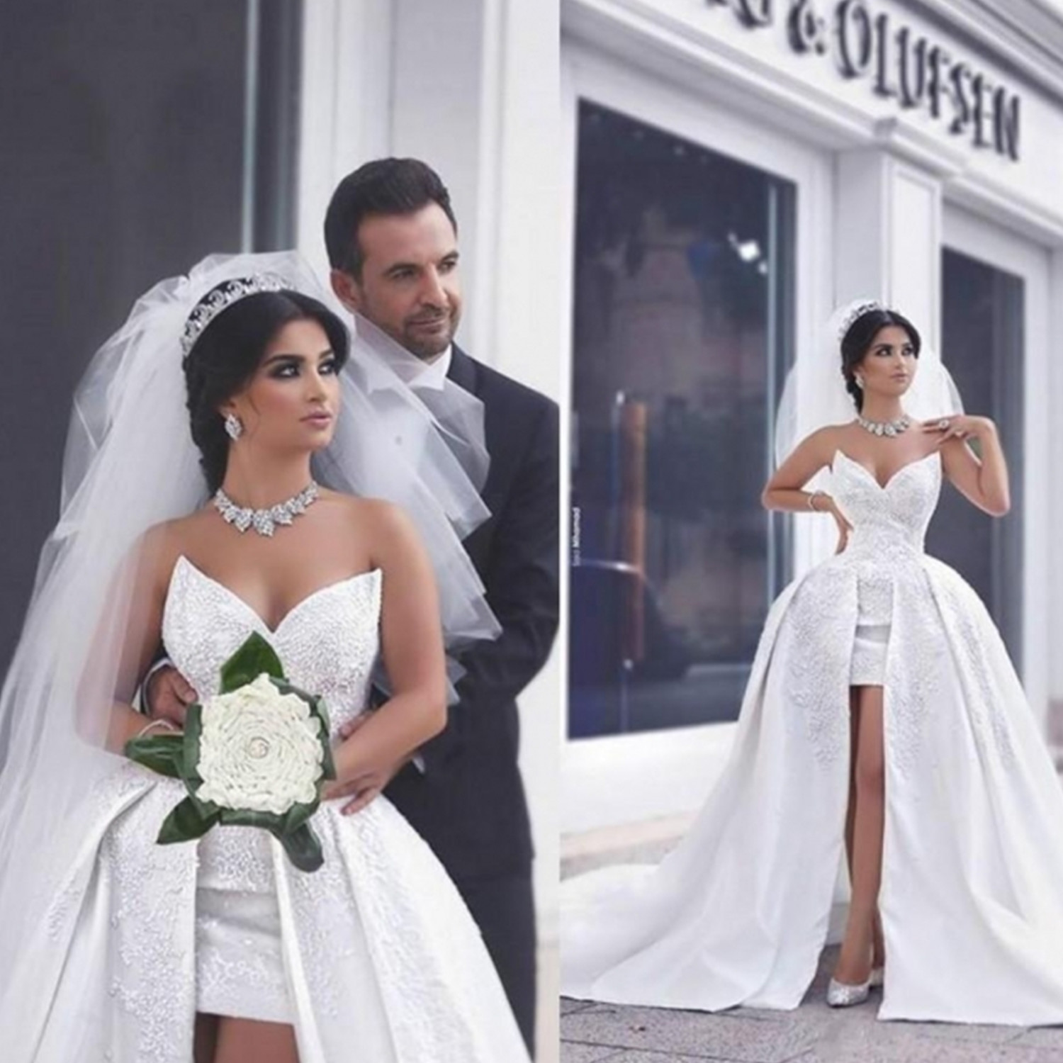 Vintage Beach A Line Two Pieces Bridal Gowns V Neck Short Length Sexy Lace Country Wedding Dresses High Low Back Pretty Puffy Zipper Detachable T-image-719380371