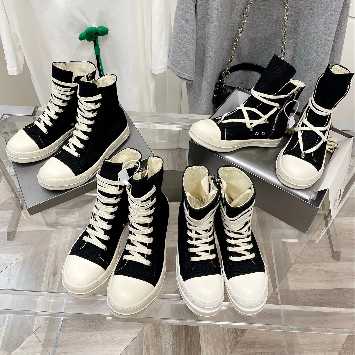bottes d'hiver de designer Rick Owens Sneakers Chaussures de luxe R O Nouvelle semelle épaisse Couple surélevé Top en cuir Toile Casual Bottes co