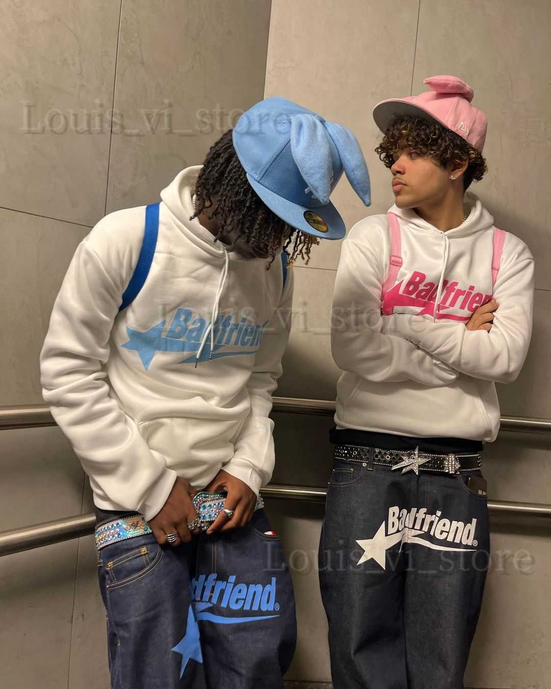 Y2k mens jeans Badfriend Hip Hop Letter Print Black Pants Men Women New Fashion Casual Rock Wide Foot Baggy Trouser Streetwear T230817