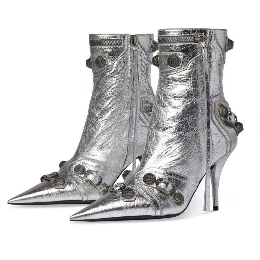 Cagole 90mm Bootie Metallized Silver Women spike Metal belt buckle decoration Pointed Toes Fashion Boots Genuine Leather Motorcycle boots Designe-image-895322258