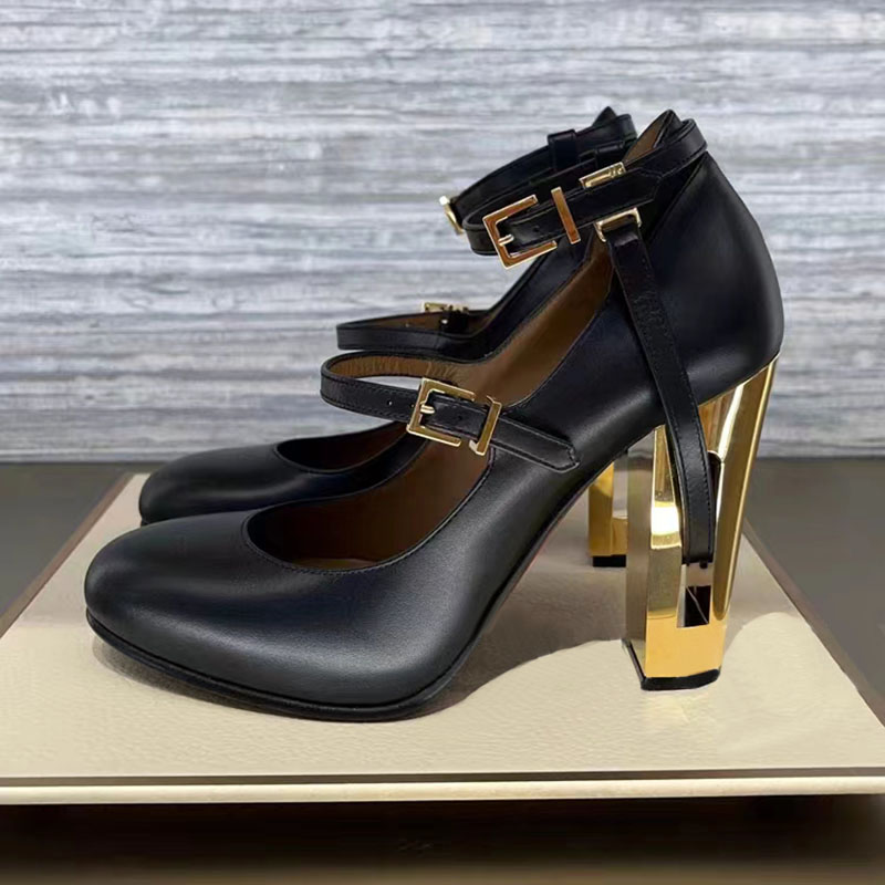 black Genuine Leather high heels court shoes Golden Cut-Outs metal carved heel dove grey Round Toes Chunky Heel Dress Shoes 100mm Luxury Designer-image-895634717