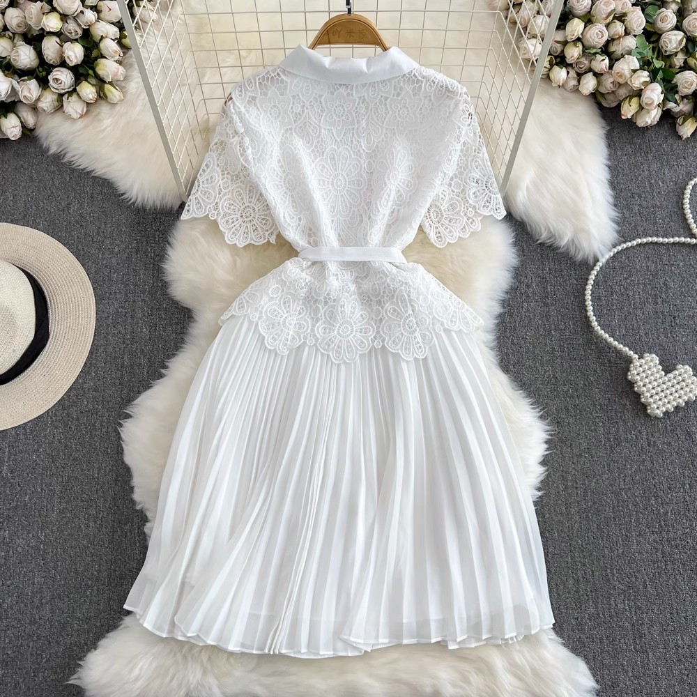 Basic Casual Dresses Summer Elegant Crochet Lace Patchwork Chiffon Pleated Dress Women's Short Sleeve Hollow Out Flower Buttons Belt Runway Vestidos 2024