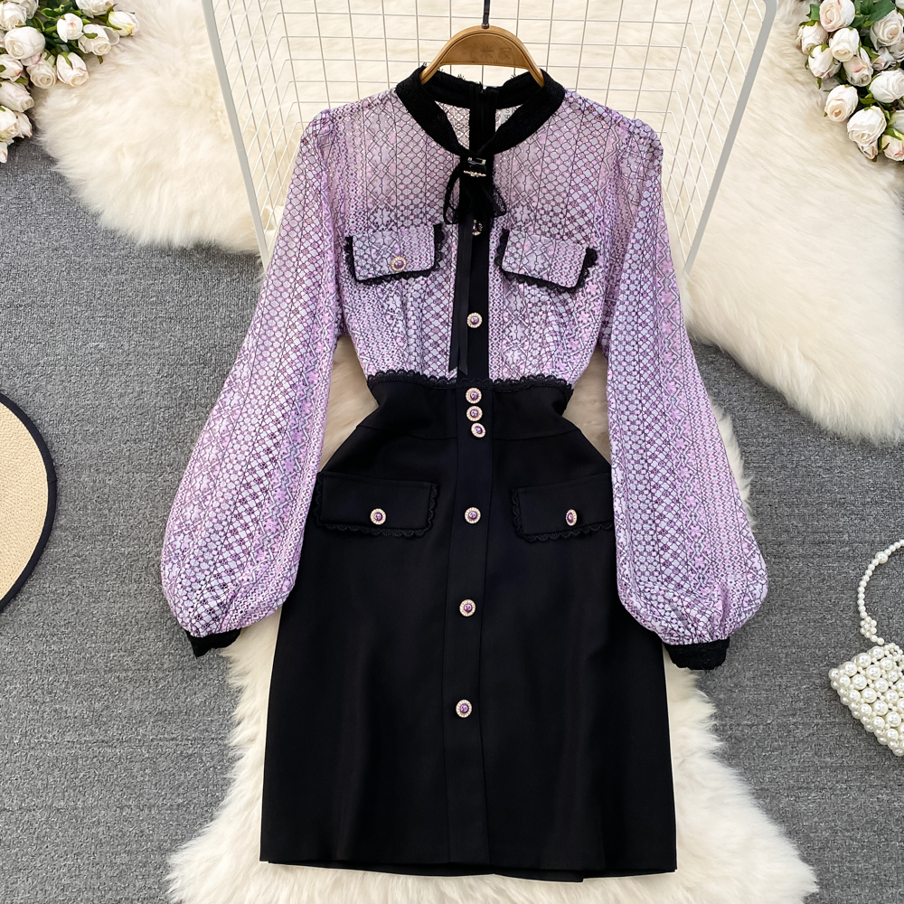 Basic Casual Dresses Fashion Runway Autumn Contrast Short Dress Women's Diamonds Bow Lantern Sleeve Embroidery Lace Patchwork Vintage Party Ves