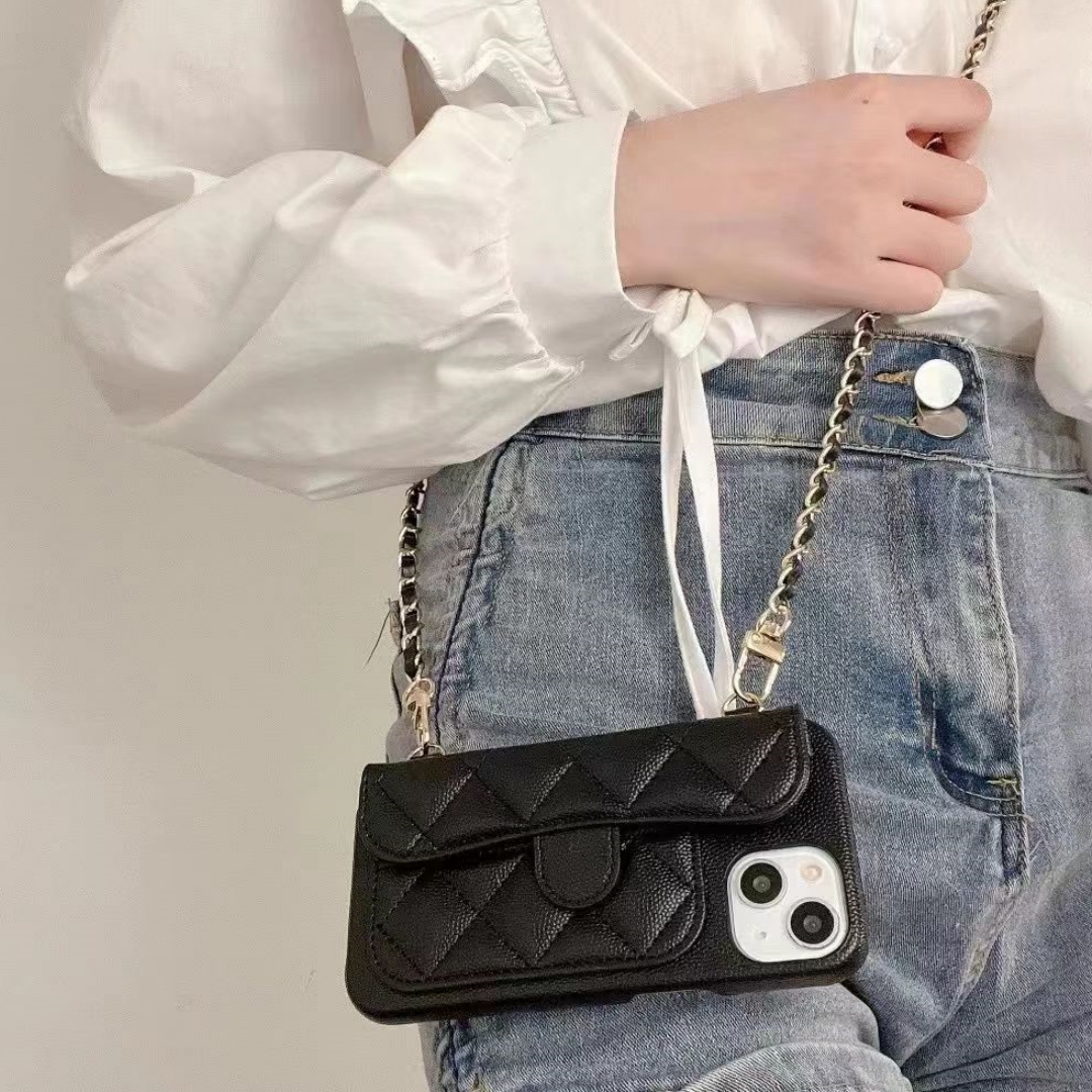 Designer Caviar Crossbody Phone Cases For iPhone 14 13 12 11 Pro Max Mobile Back Shell 14Pro 14ProMax 13ProMax Black Leather Cover Case With Card-image-896004725