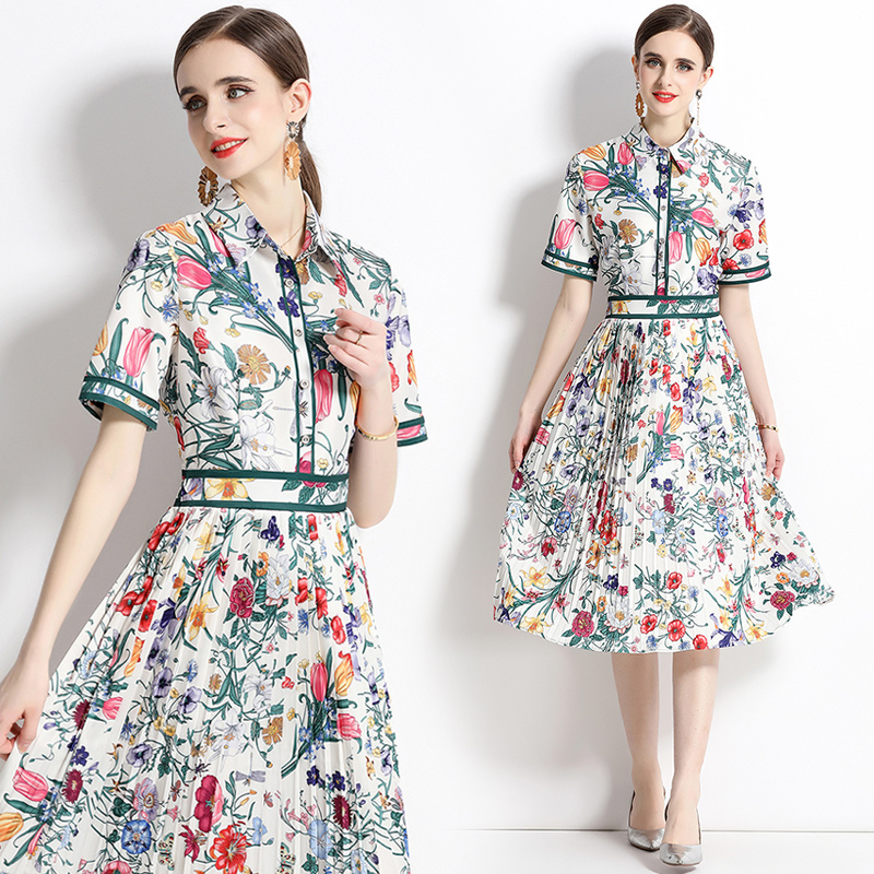 2023 été imprimé bouton chemise robe à manches courtes femmes concepteur revers mince a-ligne floral midi robes plissées fête robe de bal élégant