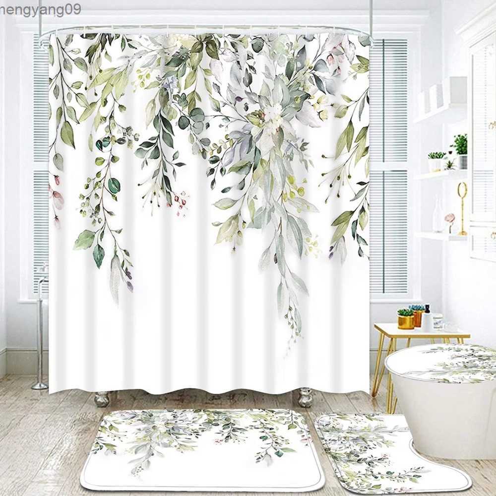 Shower Curtains Green Leaves Shower Curtain Sets Spring Rural Plant Flower Bathroom Curtains Non-Slip Toilet Lid Cover Rug Baths Mats Home Decor-image-896335783