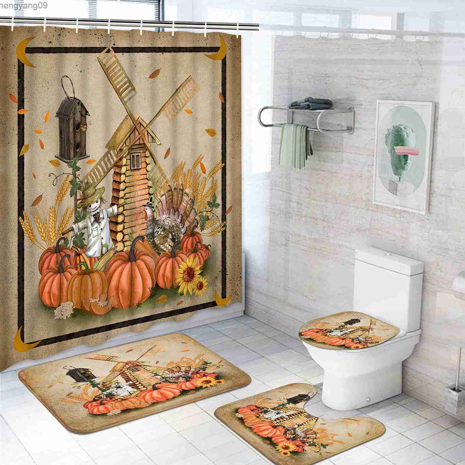 Shower Curtains Shower Curtain Set Thanksgiving Pumpkins Fall Leaves November Season with Non-Slip Rugs Toilet Lid Cover Bath Mat Bathroom Set L2-image-896325360