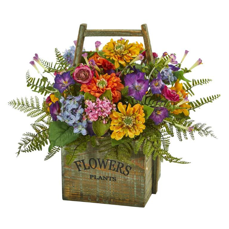 Mixed Artificial Arrangement in Wood Basket, Multicolored