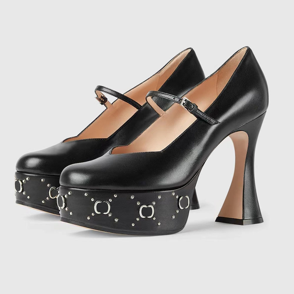 women's platform pump wlth studs Genuine Leather chunky block Round Toes Ankle Strap high heels 15.5cm Luxury Designer Classics Fashion dres-image-896856025