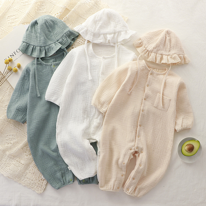 Rompers Muslin Baby Jumpsuit Hat Long Sleeve Cotton Toddler Romper for Boys Girls Solid Color Spring Autumn Clothes born Onesie 230822 W251018-image-1080527419
