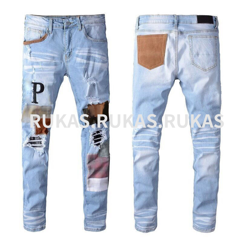 Casual jeans fashion Europe and the United States fashion brand men's pants black holes embroidered patches stretch slim-fit pants jeans