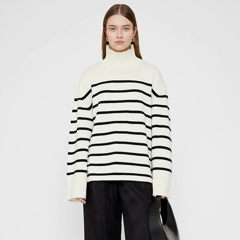 Women Designer Sweaters New Striped 100% Cashmere Turtle Neck Jumper-image-897385365