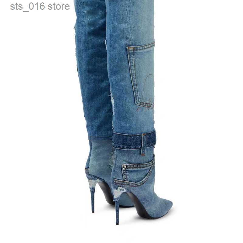 Bottes 2023 Nouvelles bottes de cowboy hautes bleues délavées pour femmes, bout pointu, talon haut mince, épissure de poche pour fille, bottes de