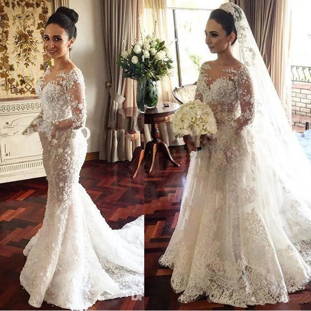 Sexy arabe couche transparent manches longues robe de mariée sirène deux pièces appliques en dentelle Aso Ebi Robes de mariée 2024 328