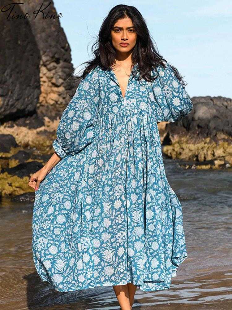 Basic Casual Dresses Printed Pleated Lantern Sleeves Women's Dress Loose Lace Half Open Collar Women's Dress 2023 Spring/Summer Beach W-image-897694854
