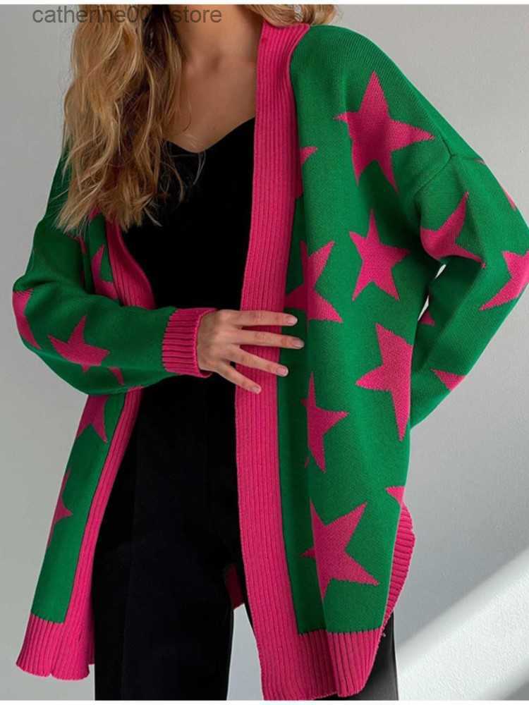 Women's Sweaters Women's V-neck knitted cardigan sweater Women's retro pentagonal oversized long sleeved sweater 2023 Autumn Fashi-image-897900064