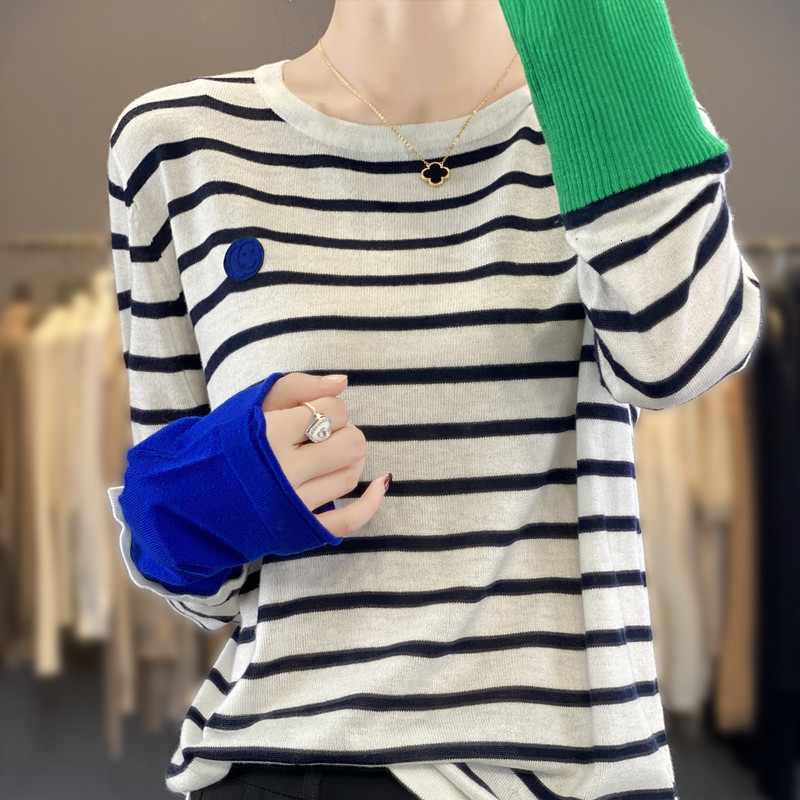 Womens Sweaters Pure Wool Soft Spliced Sweater Curled Oneck Striped Pullover Spring Autumn Casual Knit Fashion Top 230826