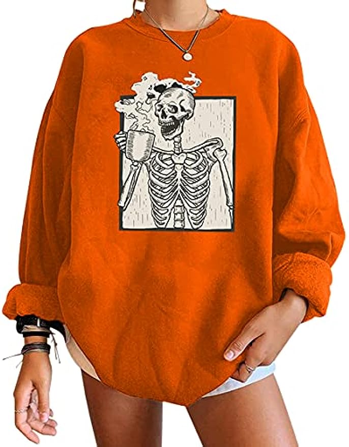 Halloween Skull Graphic Print Fleece Oversized Sweatshirt Crewneck Long Sleeve Drop Shoulder Pullover